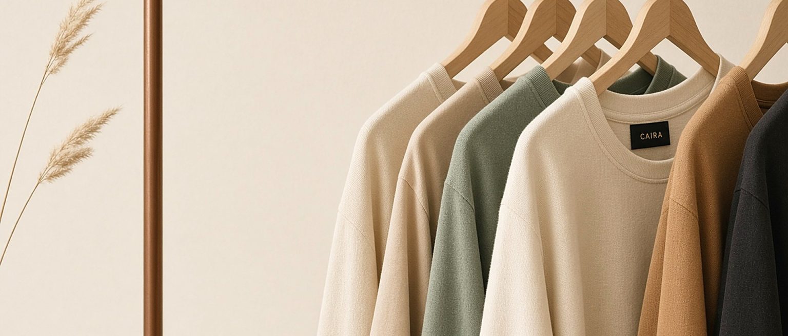 CairaDesign koleksiyonu: krem duvar önünde ahşap askılarda krem, bej, adaçayı yeşili, camel ve antrasit tişört ve sweatshirtler; ortadaki krem sweatshirtin ensesinde CAIRA etiketi