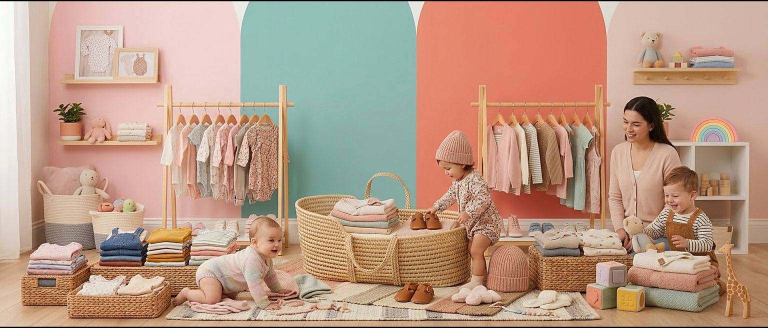 Pastel renkli CairaKids bebek odası: askılarda bebek giysileri, hasır sepette katlanmış kıyafetler, emekleyen bebek ve sepete uzanan küçük çocuk